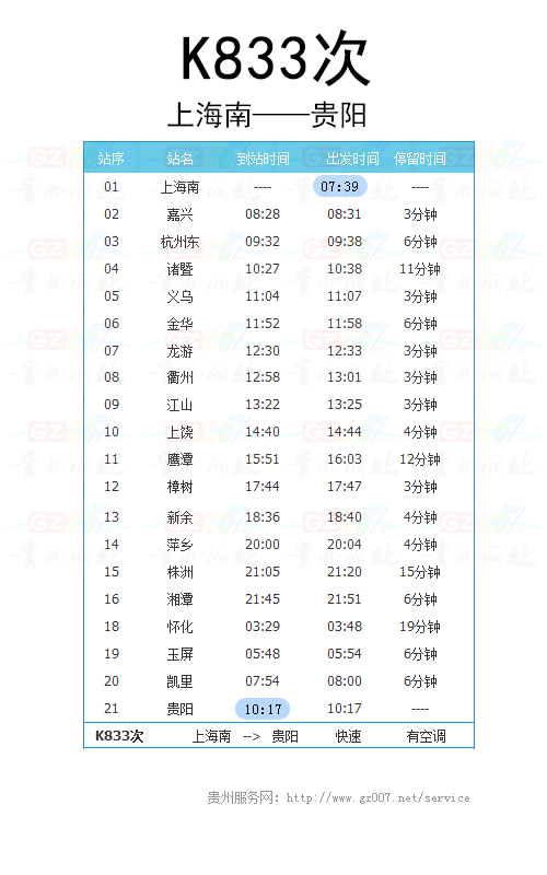 上海南至貴陽(yáng)K833次列車時(shí)刻表